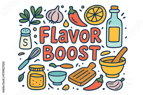 Flavor Boost Doodles. Flavor Boost. Hand-drawn doodle illustration of Flavor Boost. herbs, garlic, chili,