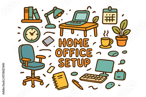 Home Office Doodle. Home Office Setup. Hand-drawn doodle illustration of Home Office Setup. desk, chair,
