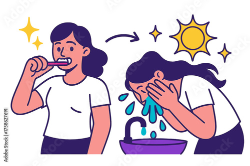 Energizing Morning Routine. Morning routine. A character brushing teeth and washing face with glowing water