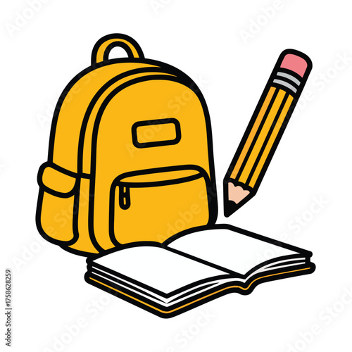 Yellow backpack open book and pencil with pink eraser on white background vector