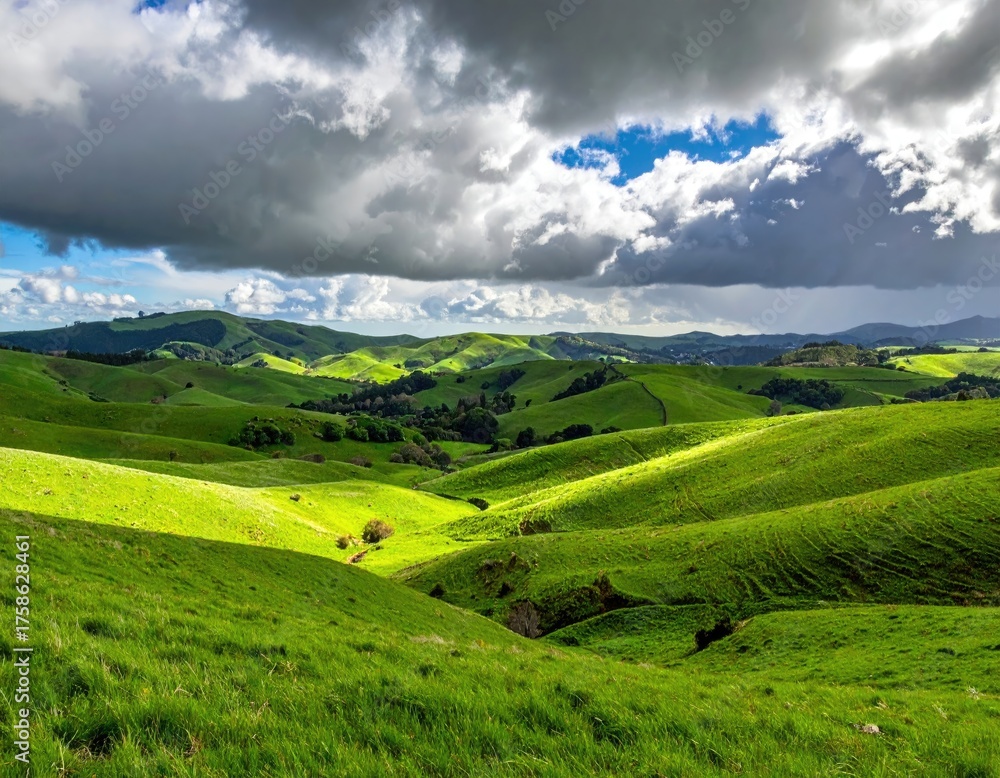 Fototapeta premium Vibrant Green Rolling Hills Under a Dramatic Cloudy Sky with Sunlight Breaking Through