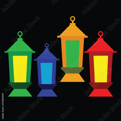 four illuminated lanterns casting colorful reflect (1).eps