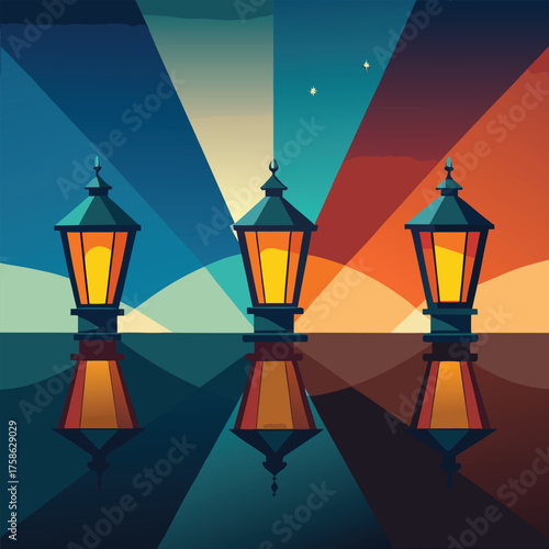 four illuminated lanterns casting colorful reflect (2).eps