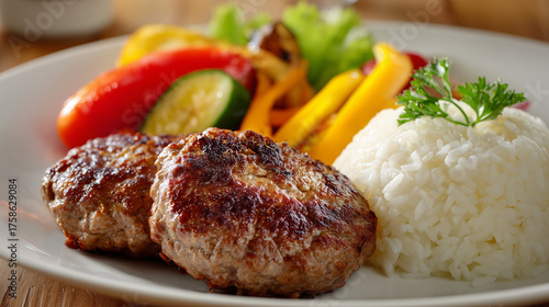 ジューシーなハンバーグと野菜のカフェ風ランチ / Juicy Hamburger Steak with Vegetables and Rice Cafe-Style Lunch