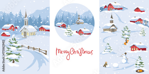 Traditional Christmas cards with a rural landscape. Freehand drawing, vector illustration in watercolor style.