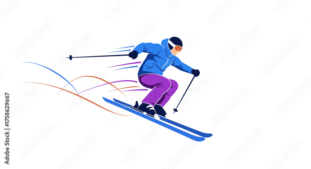 Obraz premium A skier is seen racing down a snowy slope with vibrant streaks of color trailing behind them.
