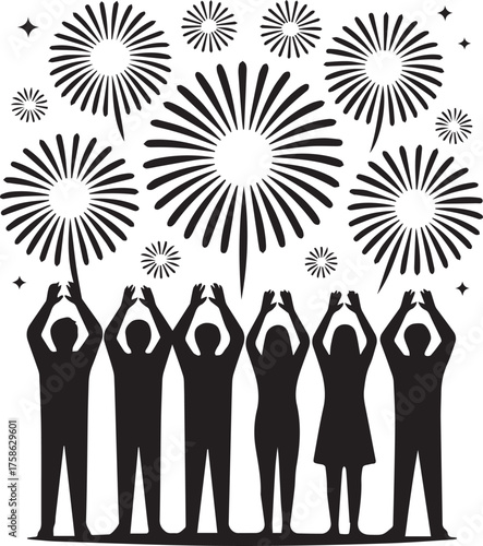 Celebration silhouette of people cheering at fireworks display for new year's eve party