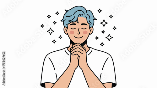 Young man with blue hair praying with closed eyes and sparkling stars around his head hope wish
