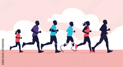 Diverse group of runners of all ages and abilities exercising together in silhouette against a pastel sky.