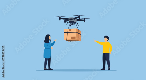 Drone delivery of packages to people in a modern urban setting for quick and efficient logistics.