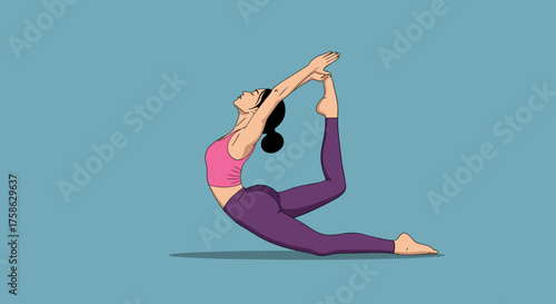 A woman practices yoga in a king dancer pose on a blue background.