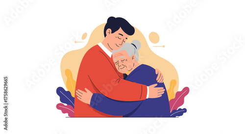 A young man hugs his elderly grandmother with affection and warmth showing family love and care.