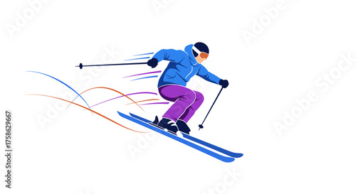 A skier is seen racing down a snowy slope with vibrant streaks of color trailing behind them.