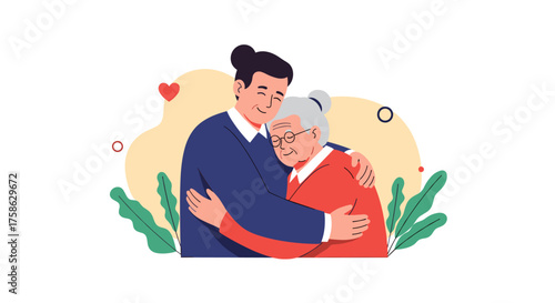 A young person tenderly embraces an elderly woman with warmth and affection.
