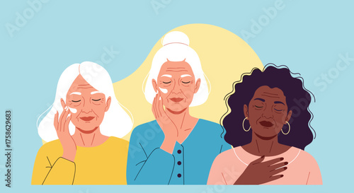Three women applying skincare products to their faces, promoting self-care and beauty routines for diverse ages and ethnicities.