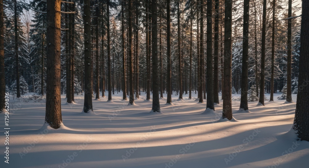 Fototapeta premium Winter forest, sunlit snow-covered trees