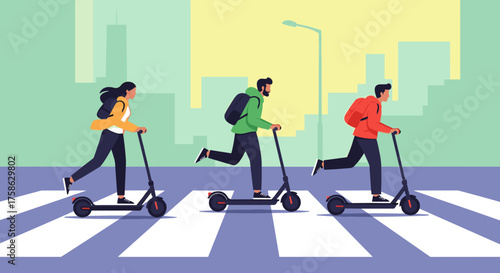 Three people riding electric scooters across a city crosswalk in the daytime.