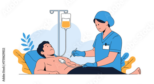 A nurse administers an intravenous infusion to a patient receiving medical care in a hospital setting.