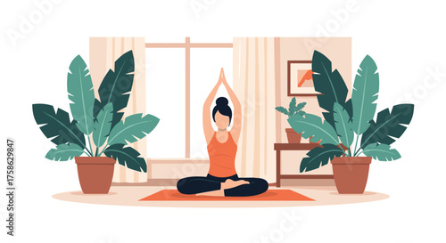 A woman meditating peacefully at home surrounded by lush green plants and natural light.