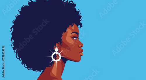 A beautiful black woman with an afro hairstyle wearing a large earring against a blue background.