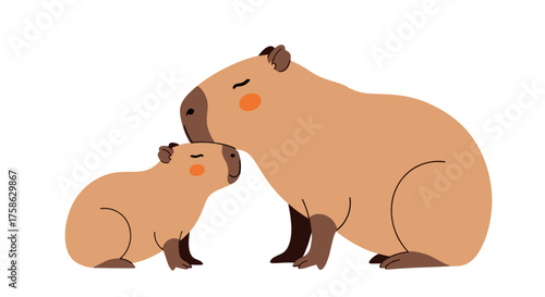 A gentle mother capybara nuzzles her adorable baby capybara with love.