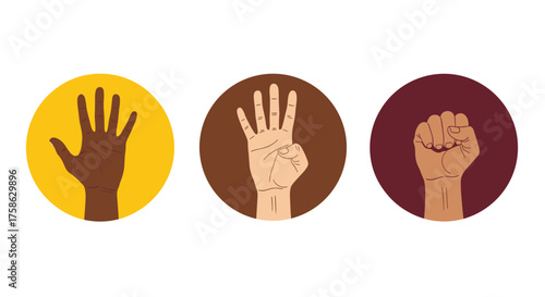 Three diverse hands raised in symbolic gestures of unity and protest.