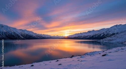Wallpaper Mural Winter sunrise over a snow-capped mountain lake Torontodigital.ca