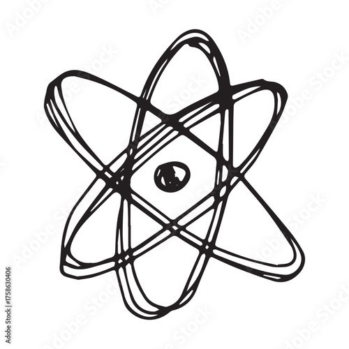 Hand drawn atom sign Molecule clipart in doodle style Single element for print, web, design, decor Symbol of science, education, nuclear energy, scientific research, molecular chemistry