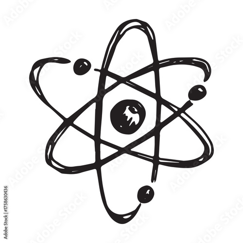 Hand drawn atom sign Molecule clipart in doodle style Single element for print, web, design, decor Symbol of science, education, nuclear energy, scientific research, molecular chemistry