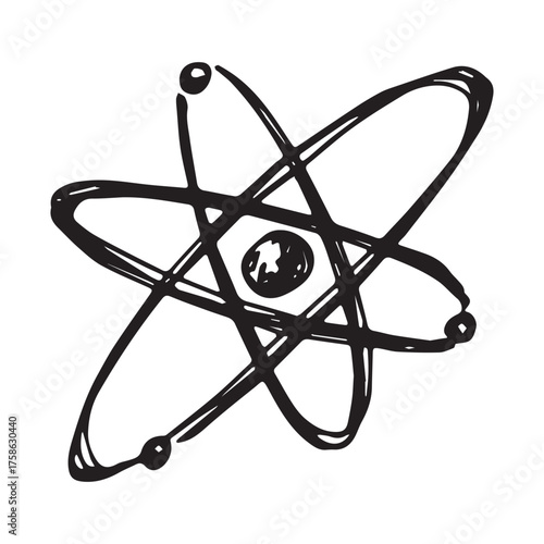 Hand drawn atom sign Molecule clipart in doodle style Single element for print, web, design, decor Symbol of science, education, nuclear energy, scientific research, molecular chemistry