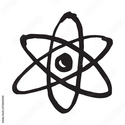 Hand drawn atom sign Molecule clipart in doodle style Single element for print, web, design, decor Symbol of science, education, nuclear energy, scientific research, molecular chemistry