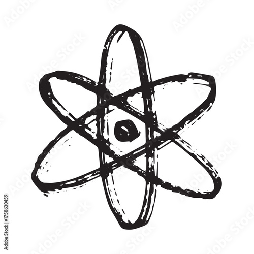 Hand drawn atom sign Molecule clipart in doodle style Single element for print, web, design, decor Symbol of science, education, nuclear energy, scientific research, molecular chemistry