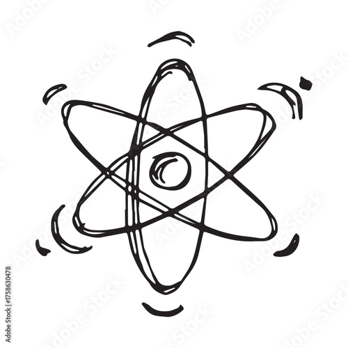 Hand drawn atom sign Molecule clipart in doodle style Single element for print, web, design, decor Symbol of science, education, nuclear energy, scientific research, molecular chemistry