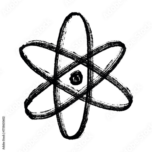 Hand drawn atom sign Molecule clipart in doodle style Single element for print, web, design, decor Symbol of science, education, nuclear energy, scientific research, molecular chemistry
