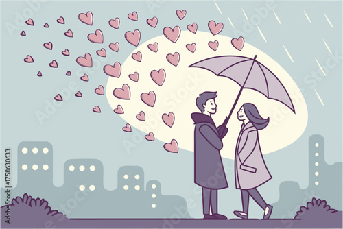 Paper-cut heart rain scene — couple under umbrella
