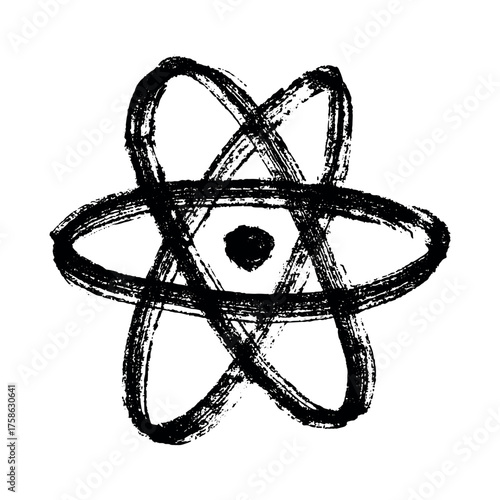 Hand drawn atom sign Molecule clipart in doodle style Single element for print, web, design, decor Symbol of science, education, nuclear energy, scientific research, molecular chemistry