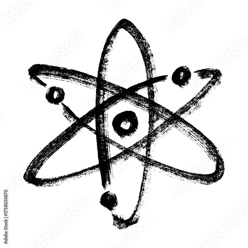 Hand drawn atom sign Molecule clipart in doodle style Single element for print, web, design, decor Symbol of science, education, nuclear energy, scientific research, molecular chemistry
