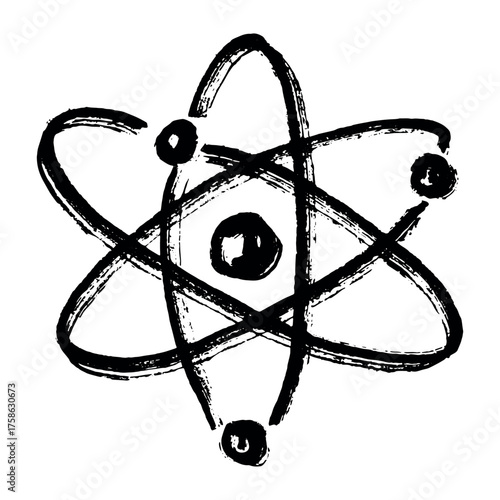 Hand drawn atom sign Molecule clipart in doodle style Single element for print, web, design, decor Symbol of science, education, nuclear energy, scientific research, molecular chemistry
