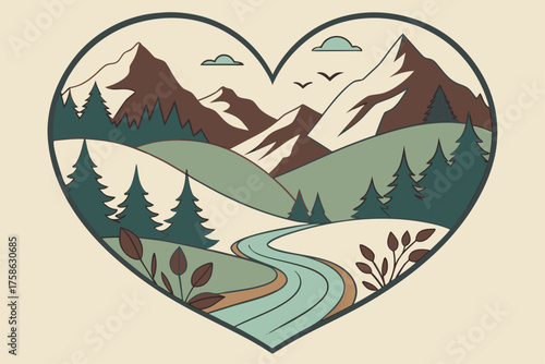 Paper-cut mountain landscape forming heart shape