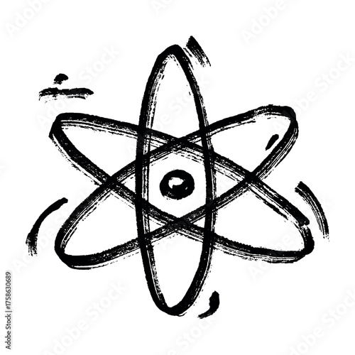 Hand drawn atom sign Molecule clipart in doodle style Single element for print, web, design, decor Symbol of science, education, nuclear energy, scientific research, molecular chemistry