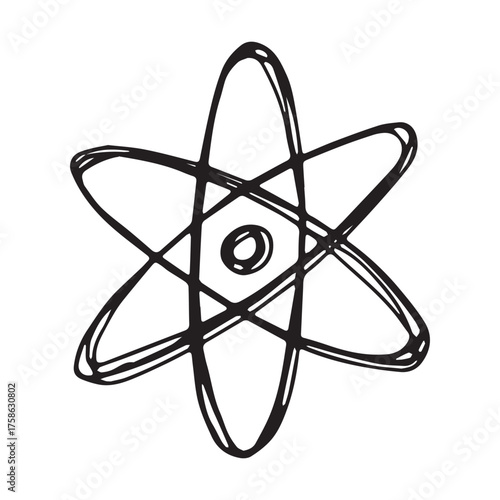 Hand drawn atom sign Molecule clipart in doodle style Single element for print, web, design, decor Symbol of science, education, nuclear energy, scientific research, molecular chemistry