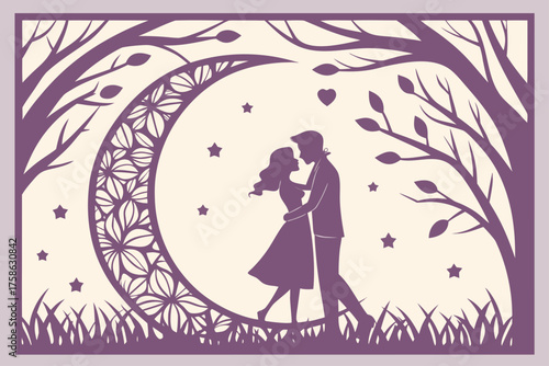 Couple silhouette inside paper cut moon and stars
