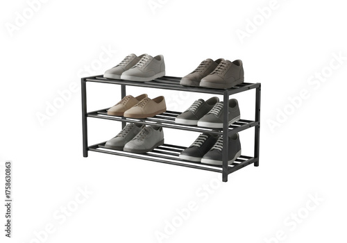 Black three tier shoe rack with various shoes displayed isolated on transparent background