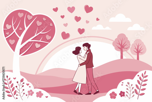 Romantic couple standing in paper cut landscape with hearts in sky

