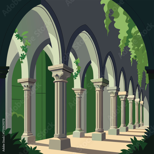 old monastery cloister arches covered in ivy  (1).eps