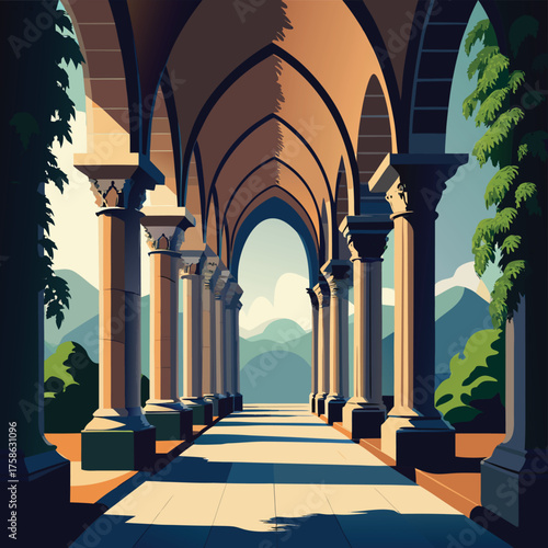 old monastery cloister arches covered in ivy  (2).eps