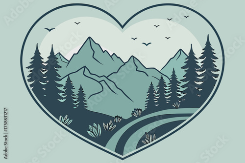 Paper-cut mountain landscape forming heart shape