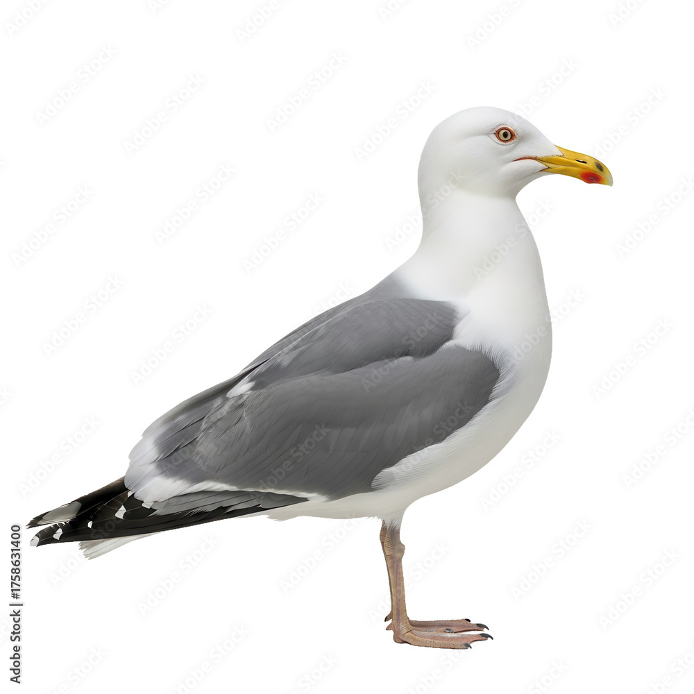 Obraz premium A detailed studio shot of a seagull standing on one leg.