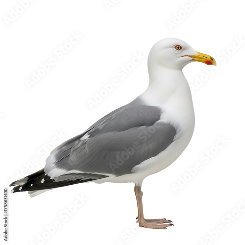 A detailed studio shot of a seagull standing on one leg.