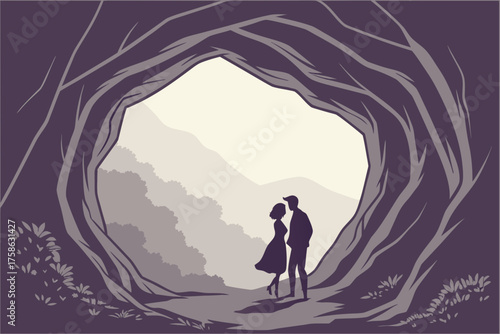 Heart-shaped cave scene with couple silhouette inside
